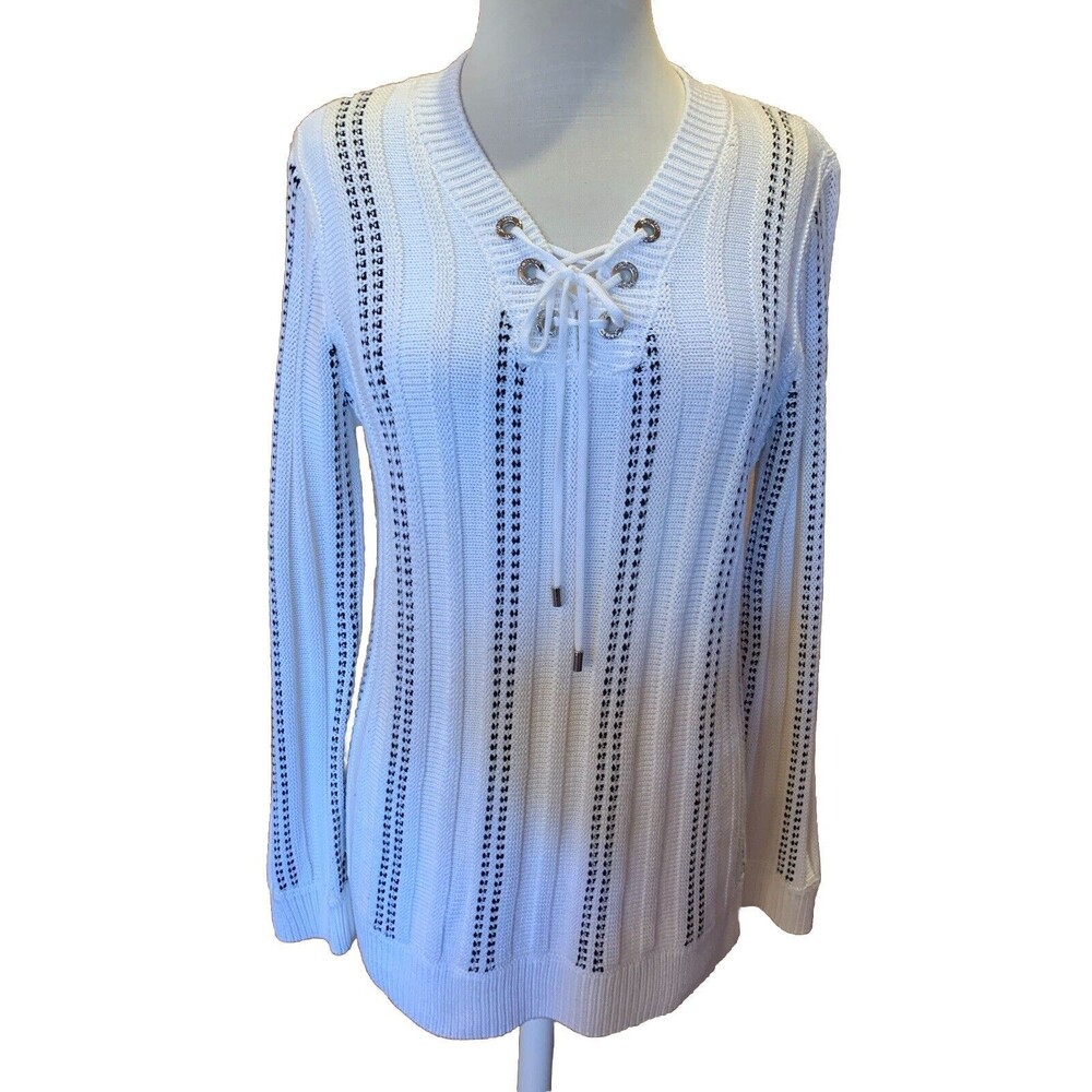 Calvin Klein Women’s Cable Knit Striped Lace Up Sweater Classic City Small *Note